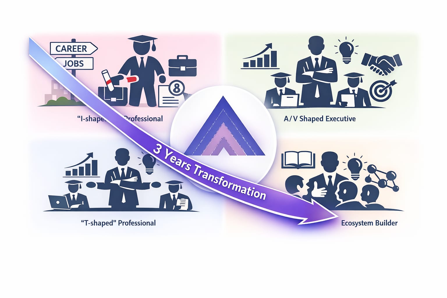 The Global EcoSystem employs institutional methods to shorten that time. This provides swifter transformation for the professional, with collaborative Knowledge enhancement, to enable faster recovery for the economy with added Value at more Sustainable Pace