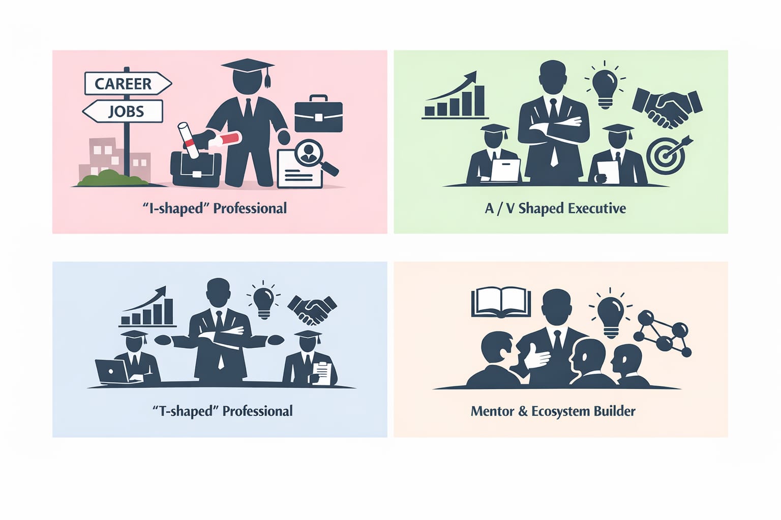 When engaging in the workplace, professionals transition across 4 states until they evolve as "Leaders in their Economy"